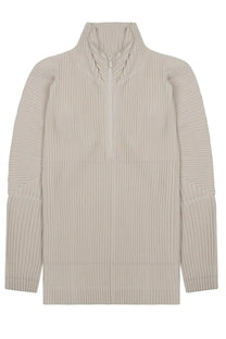 Beige ribbed knit half-zip sweater with structured textured design homme plisse issey miyake men’s felpa plissettata con zip beige