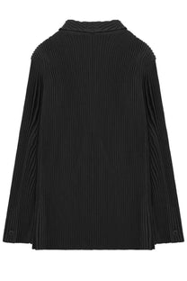 Black pleated Homme Plisse Issey Miyake men’s giacca plissettata doppiopetto blazer with structured collar and buttoned cuffs