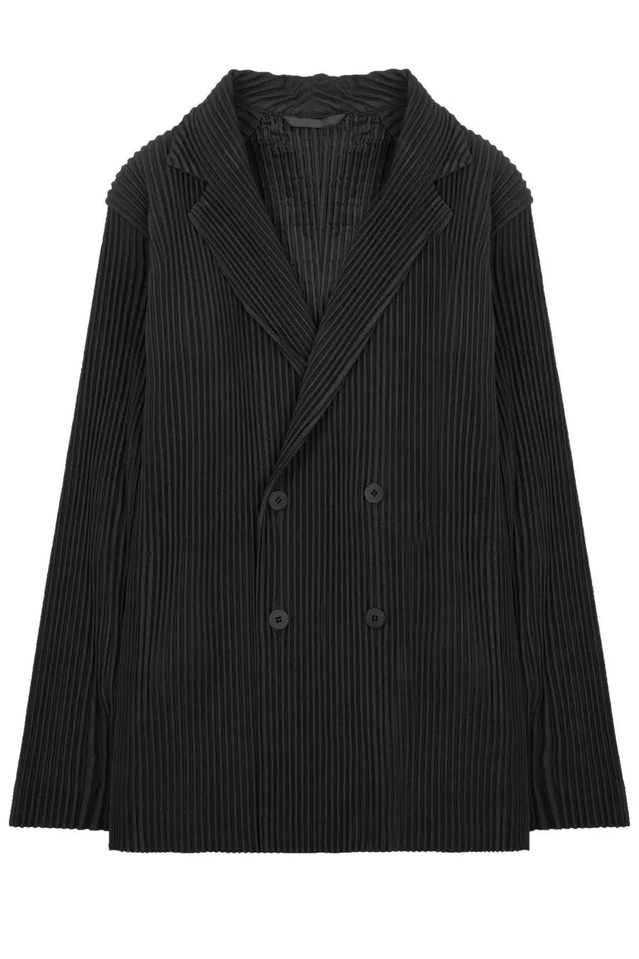 Black pleated double-breasted blazer with structured collar and matching buttons from Homme Plisse Issey Miyake