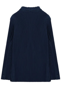 Deep navy pleated blazer homme plisse issey miyake with structured modern silhouette and subtle vertical ridges