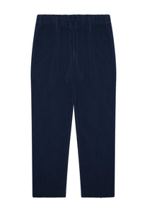 Navy blue pleated relaxed fit trousers with elastic waistband from homme plisse issey miyake men’s pantalone plissettato blue