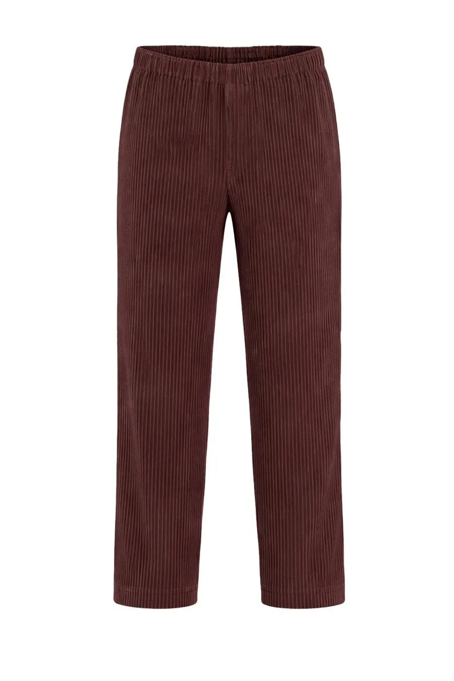 Homme Plisse Issey Miyake men’s pantalon plissettato brown burgundy corduroy trousers with relaxed straight leg and elastic waistband