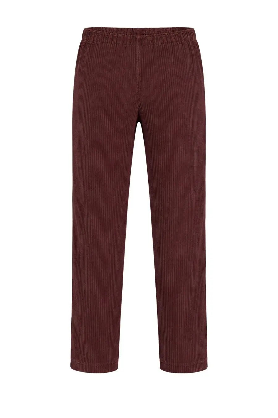 Homme Plisse Issey Miyake men’s plisse brown trousers in rich burgundy corduroy with vertical ribs and elastic waistband