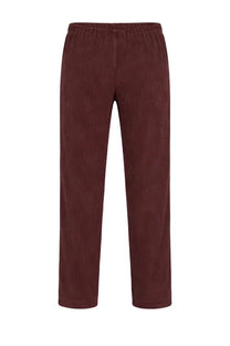 Homme Plisse Issey Miyake men’s plisse brown trousers in rich burgundy corduroy with vertical ribs and elastic waistband