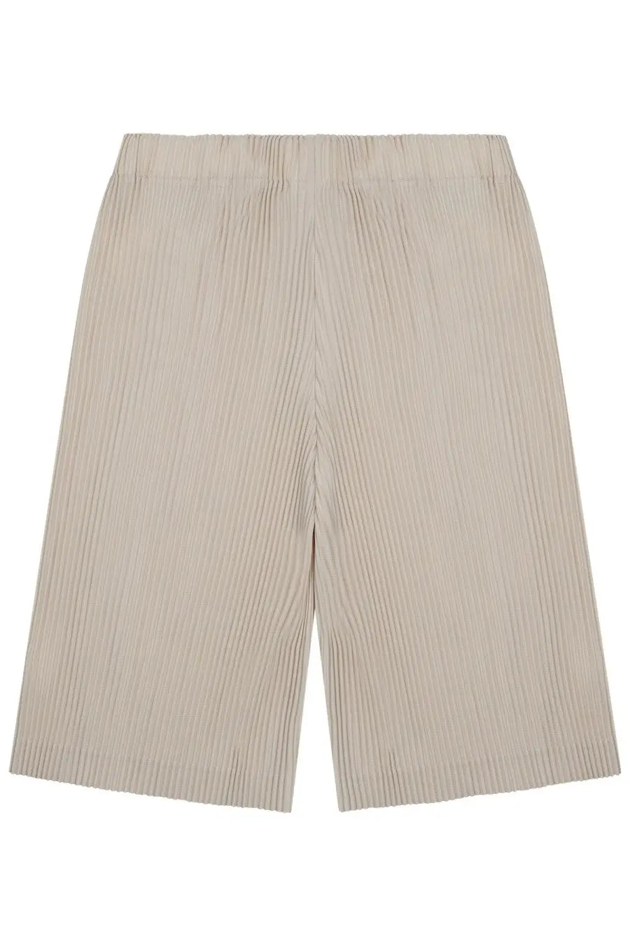 Beige homme plisse issey miyake men’s shorts with pleated fabric relaxed wide-leg cut and subtle vertical ridges