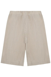 Beige homme plisse issey miyake men’s shorts with pleated fabric relaxed wide-leg cut and subtle vertical ridges