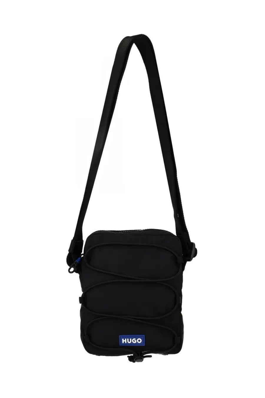 HUGO BOSS men’s black crossbody bag with sleek minimalist design and subtle blue branding in leather material