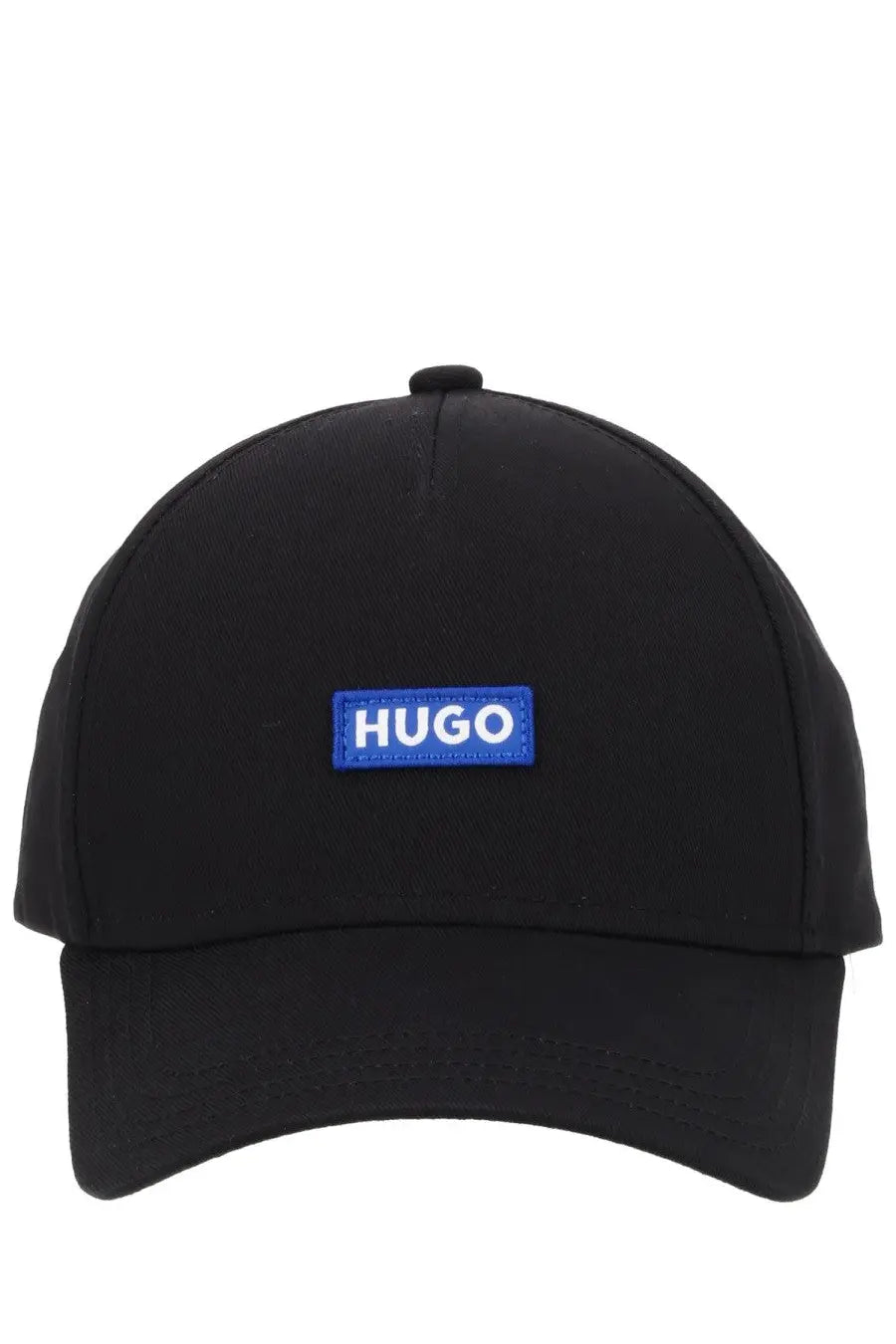 Black hugo boss men’s baseball hat featuring a blue rectangular logo patch with white lettering