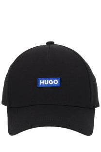 Black hugo boss men’s baseball hat featuring a blue rectangular logo patch with white lettering