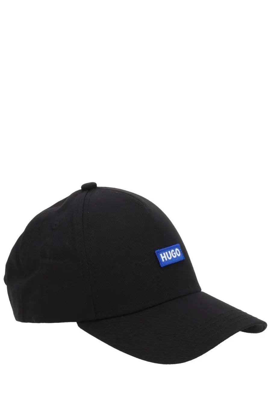 Black HUGO BOSS men’s baseball hat with a blue rectangular logo patch on the front for casual wear