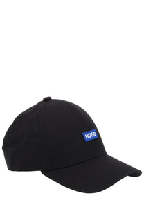 Black HUGO BOSS men’s baseball hat with a blue rectangular logo patch on the front for casual wear
