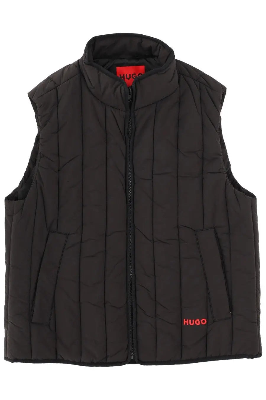 Hugo Boss men’s breno black quilted vest with vertical stitching and red logo on collar and lower front