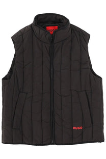 Hugo Boss men’s breno black quilted vest with vertical stitching and red logo on collar and lower front