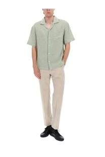 Hugo Boss men’s light green short-sleeved cotton button-up shirt with collar and chest pocket called Camicia Exolino Green