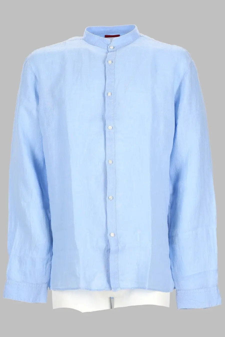 Hugo Boss men’s light blue linen shirt with mandarin collar and white buttons in lino blue color