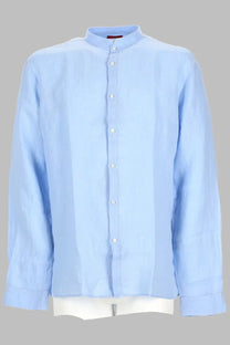 Hugo Boss men’s light blue linen shirt with mandarin collar and white buttons in lino blue color