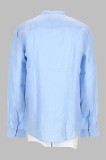 Hugo Boss men’s light blue long-sleeved linen button-down shirt with classic collar and stitched cuffs