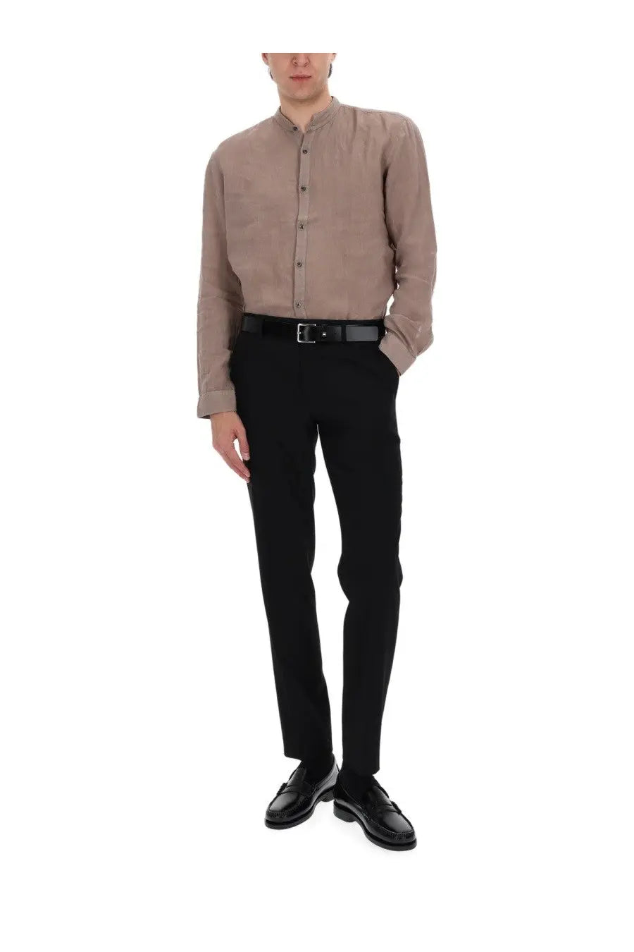 Hugo Boss men’s beige linen button-up shirt with mandarin collar and long sleeves in lino brown color