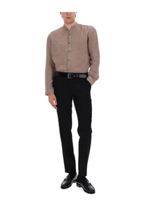 Hugo Boss men’s beige linen button-up shirt with mandarin collar and long sleeves in lino brown color