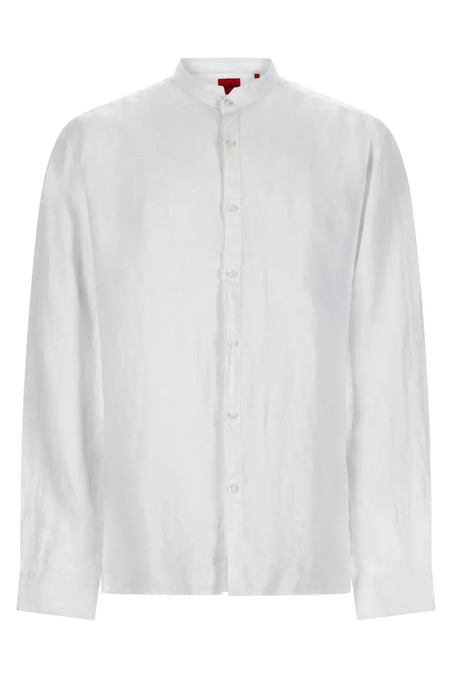 Hugo Boss men’s white linen shirt with stand-up collar and button-down front perfect for casual wear