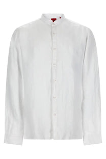 Hugo Boss men’s white linen shirt with stand-up collar and button-down front perfect for casual wear