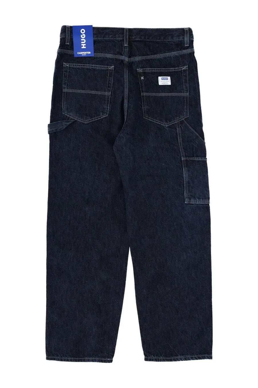 Hugo Boss men’s dark indigo denim carpenter jeans with rugged workwear design, multiple pockets, and contrasting stitching