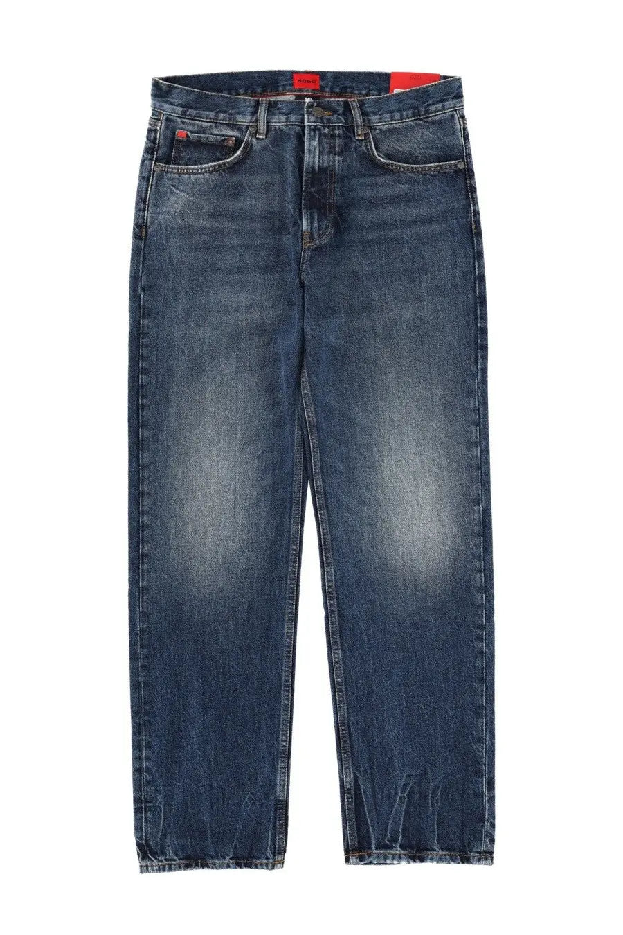 Hugo Boss men’s cotton denim jeans in dark blue with faded wash and frayed hems
