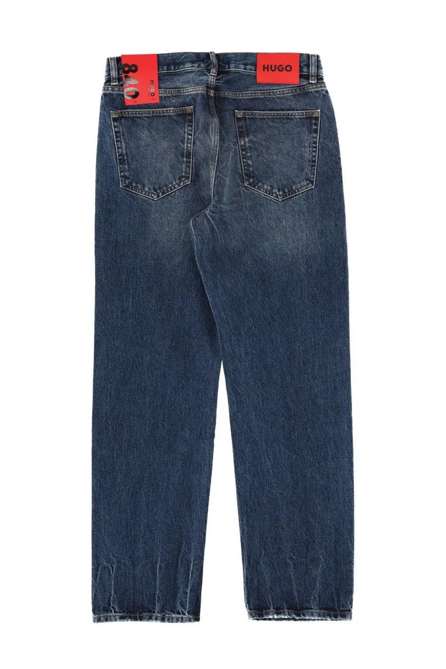 Hugo Boss men’s cotton denim jeans in dark blue with a faded distressed finish and frayed hems