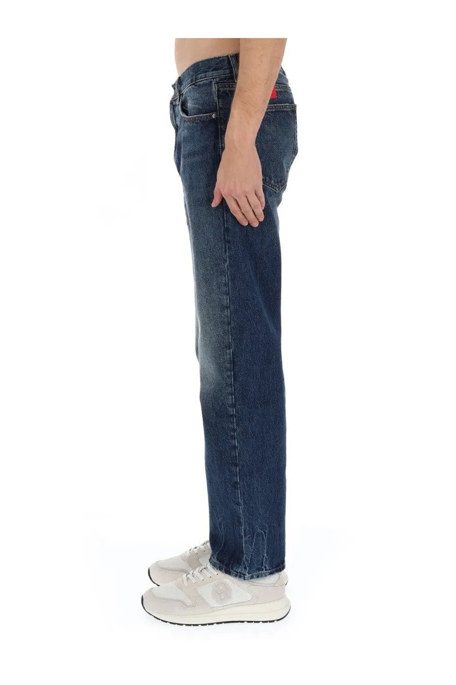 Hugo Boss men’s dark-wash blue cotton denim jeans with straight-leg cut and frayed hems