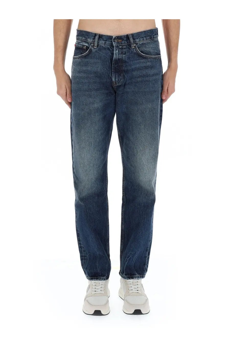 Hugo Boss men’s cotton denim jeans blue with dark wash straight-leg cut and classic five-pocket design