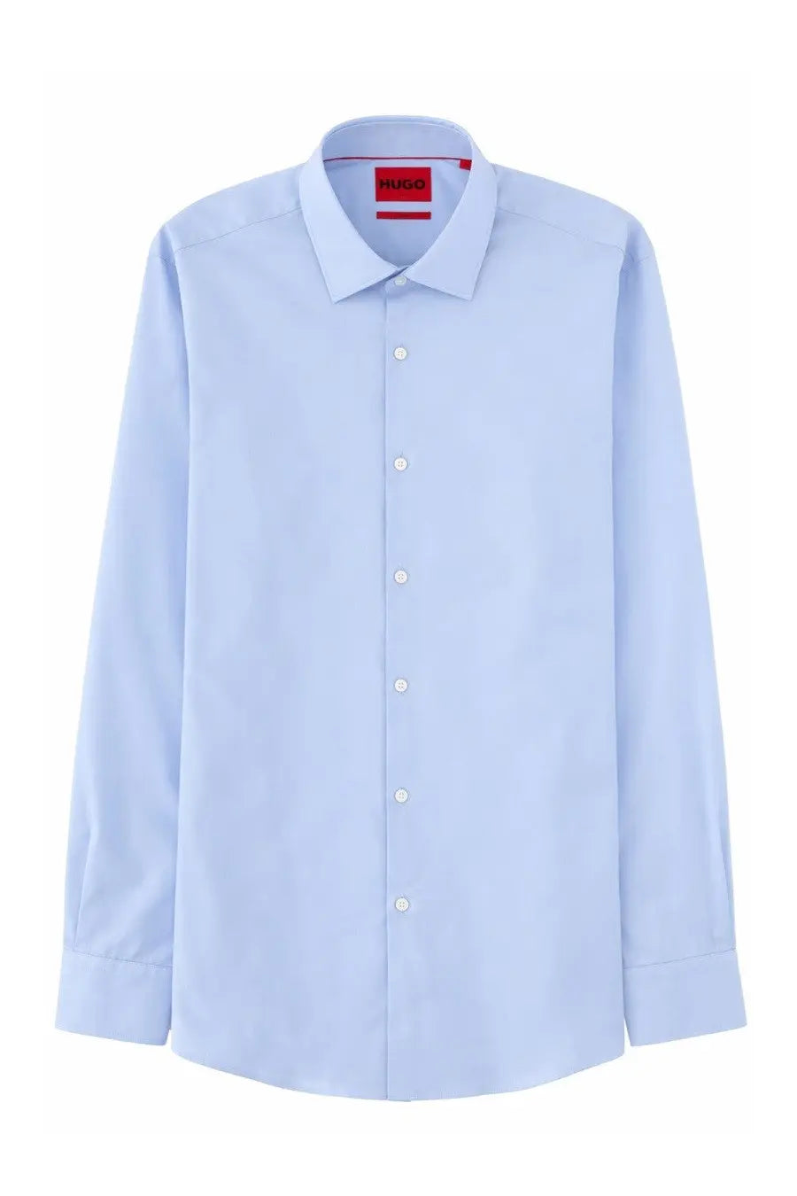 HUGO BOSS men’s cotton dress shirt in light blue with a crisp collar and white buttons