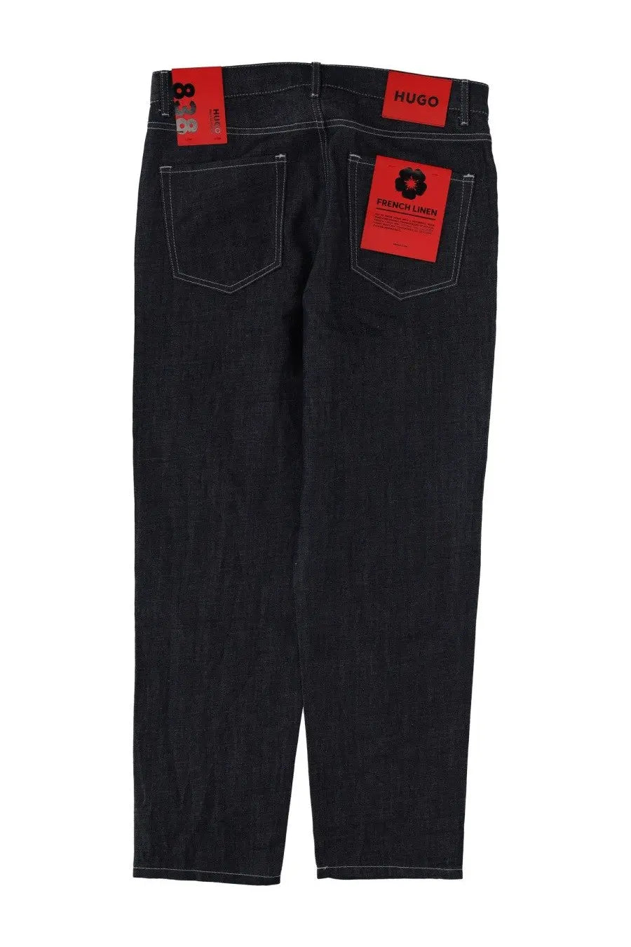 HUGO BOSS men’s black denim jeans with red brand tags and white stitching in cotton DI Cotone blue material