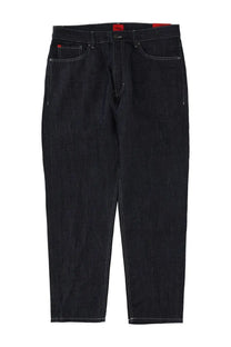 Hugo Boss men’s black denim jeans with white stitching and red brand tags at the waistband in cotton blend