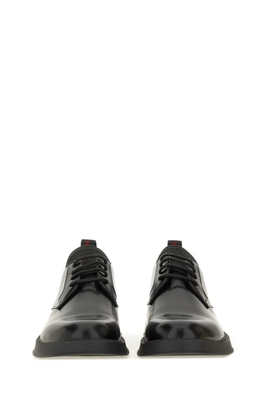 Hugo Boss men’s leather derby loafer in black patent leather with sleek glossy finish and contrasting black laces