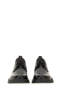 Hugo Boss men’s leather derby loafer in black patent leather with sleek glossy finish and contrasting black laces