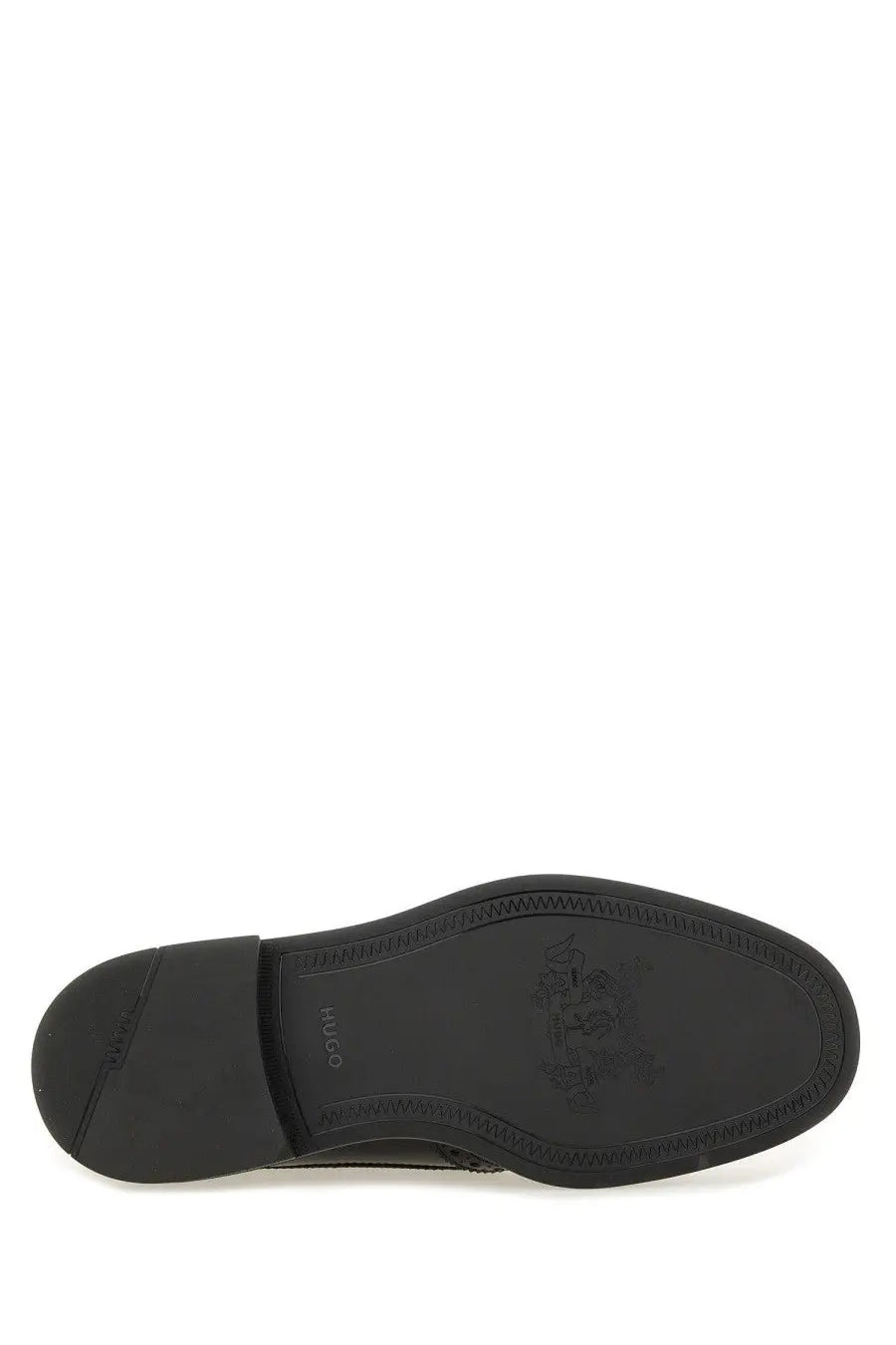 Black rubber sole with embossed hugo boss logo and textured tread on men’s leather derby loafer black