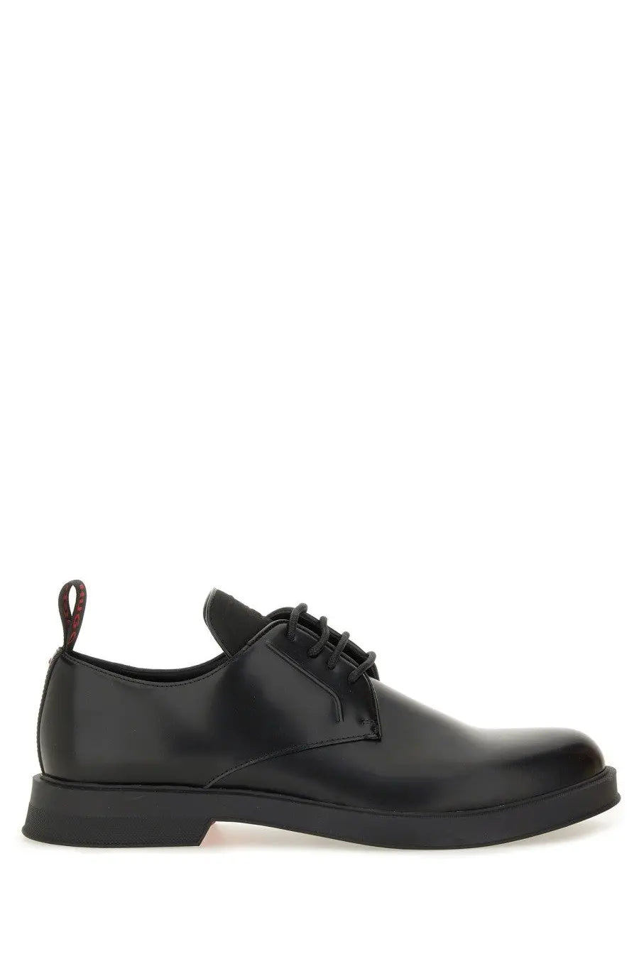 Hugo Boss men’s leather derby loafer in black with glossy finish and contrasting brown pull tab at the heel back view
