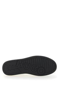 Black rubber sole with embossed hugo logo on the back of hugo boss men’s leather sneaker black