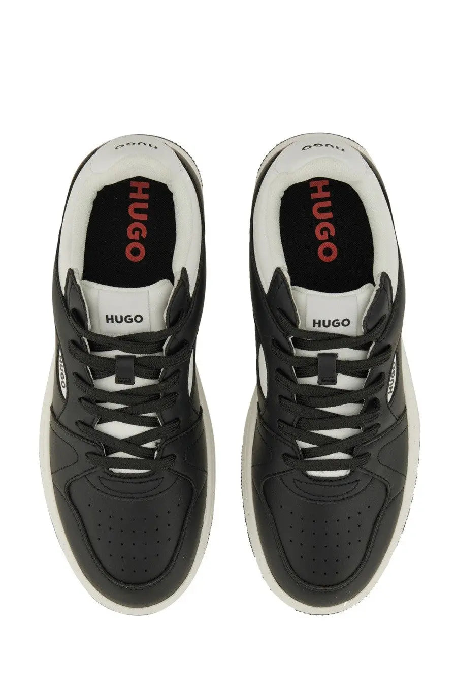Hugo Boss men’s leather sneaker black with black and white perforated leather uppers and bold red branding insole