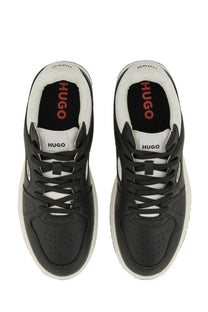 Hugo Boss men’s leather sneaker black with black and white perforated leather uppers and bold red branding insole