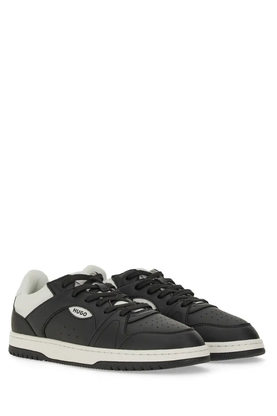Hugo Boss men’s leather sneaker in black with white accents featuring a sleek minimalist design