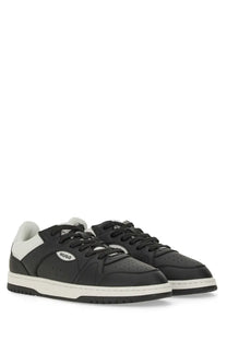 Hugo Boss men’s leather sneaker in black with white accents featuring a sleek minimalist design