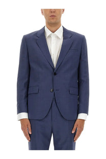 Navy blue tailored HUGO BOSS men’s modern fit suit jacket with notched lapels and two front buttons
