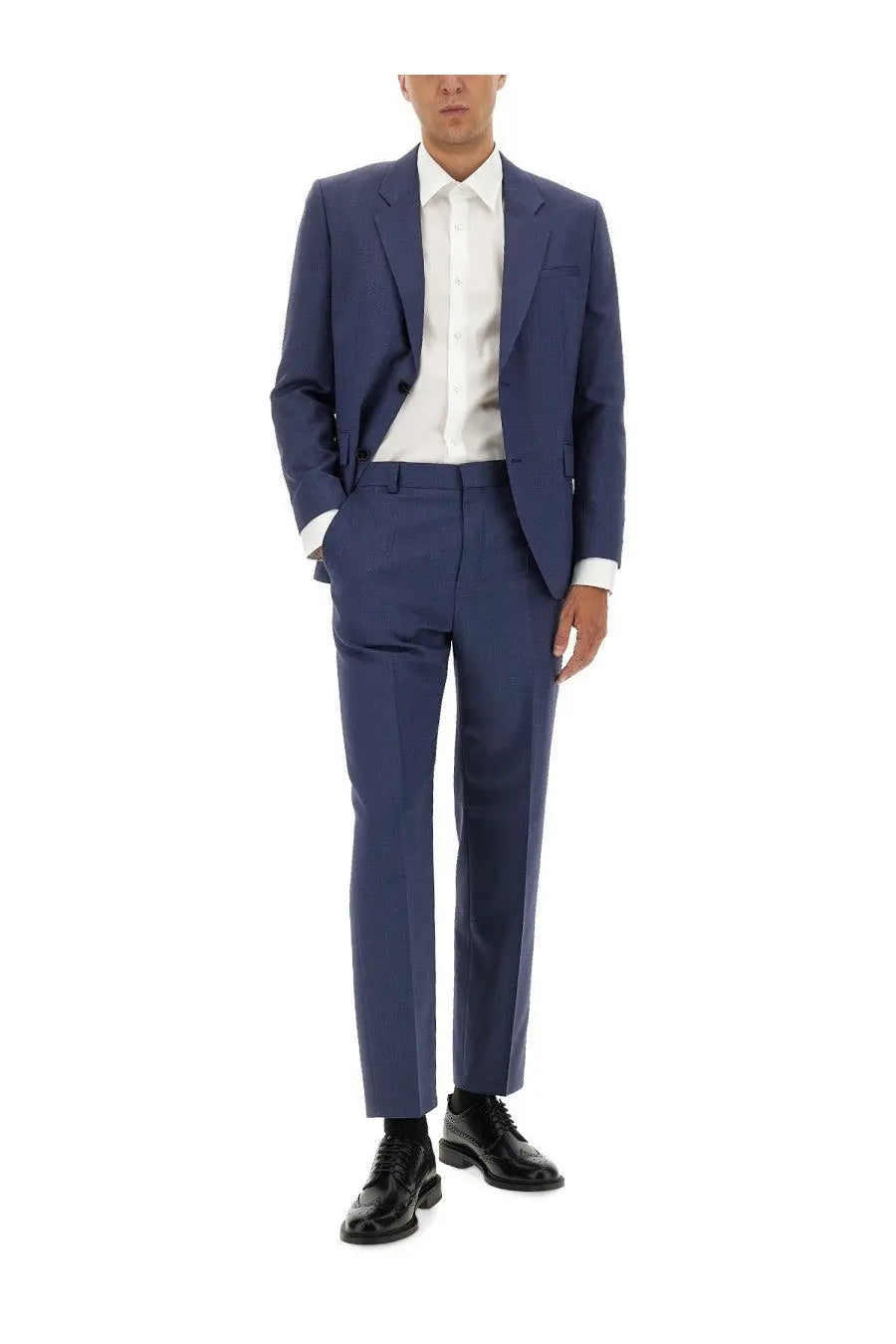 Navy blue tailored modern fit jacket by Hugo Boss paired with a white dress shirt and black leather shoes