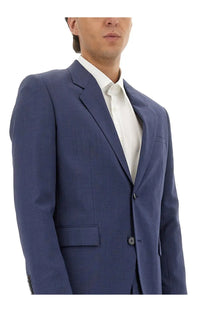 Navy blue textured wool hugo boss men’s modern fit suit jacket front view with notch lapel and button closure