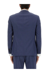 Navy blue textured wool hugo boss men’s modern fit suit jacket front view for formal and business wear