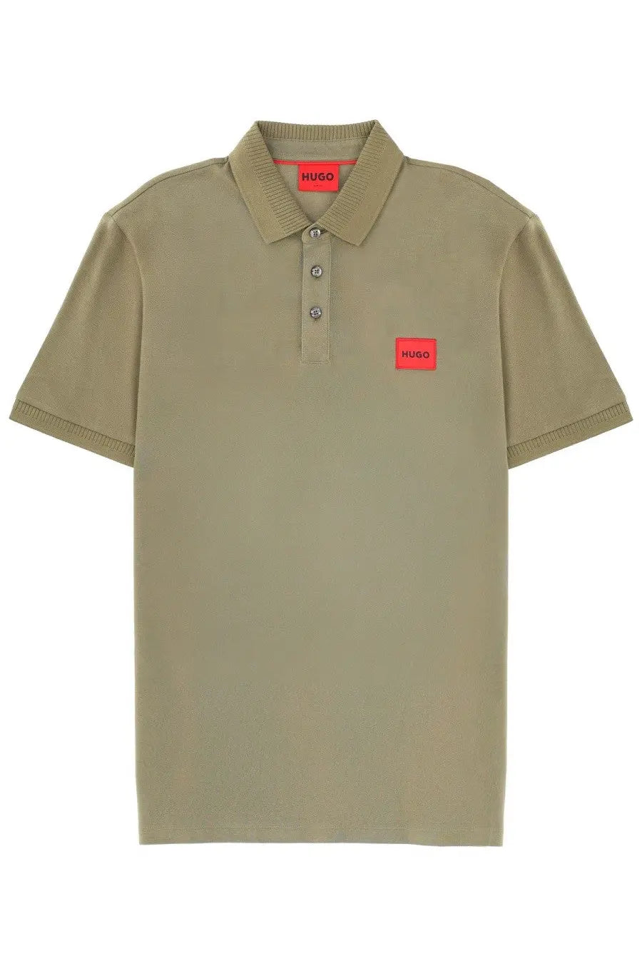 Hugo Boss men’s olive green polo shirt featuring red brand patches on collar and chest for casual wear