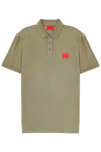Hugo Boss men’s olive green polo shirt featuring red brand patches on collar and chest for casual wear