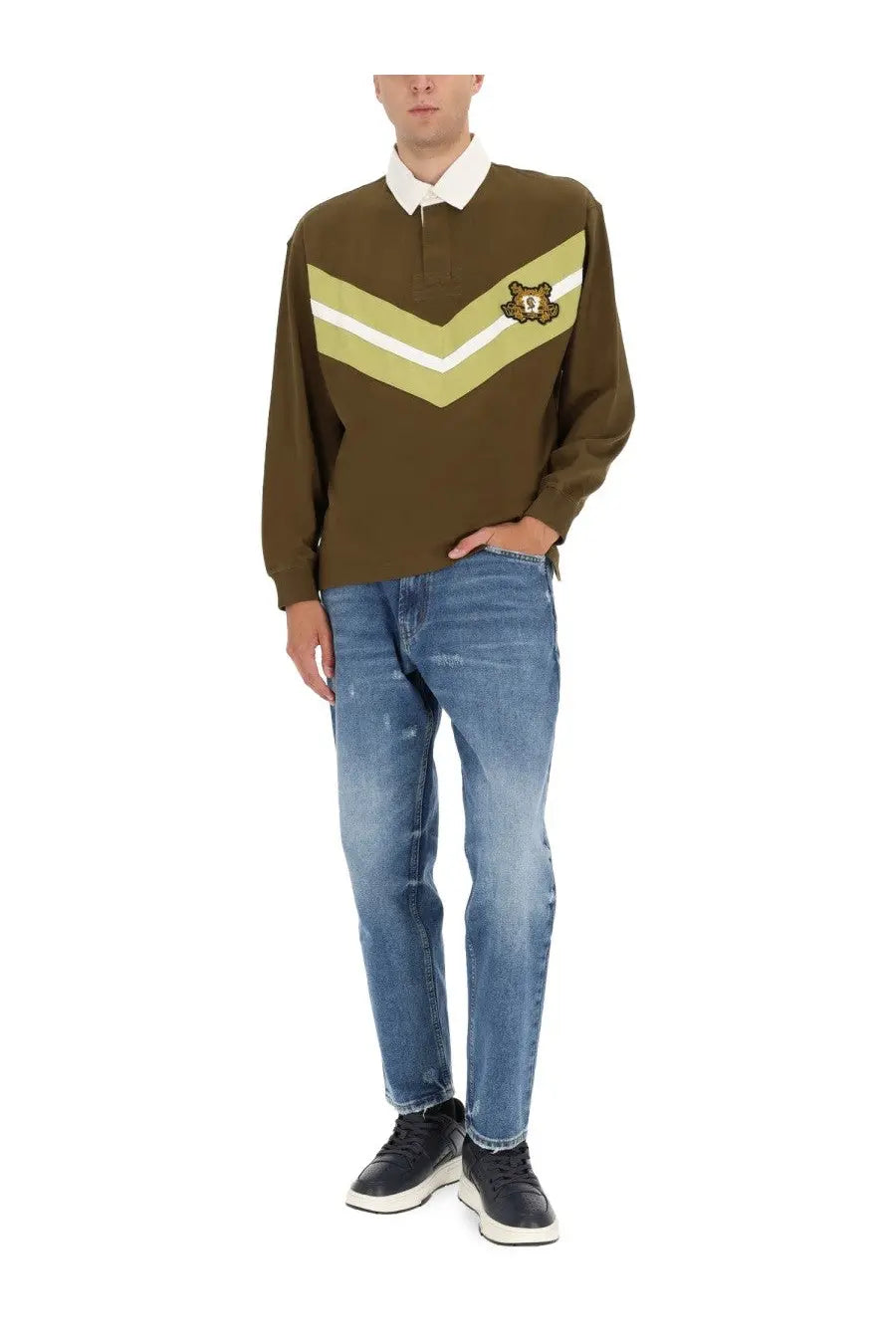 Hugo Boss men’s green long sleeve polo shirt with yellow white v stripe and embroidered bear badge on chest