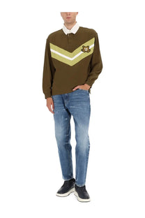 Hugo Boss men’s green long sleeve polo shirt with yellow white v stripe and embroidered bear badge on chest